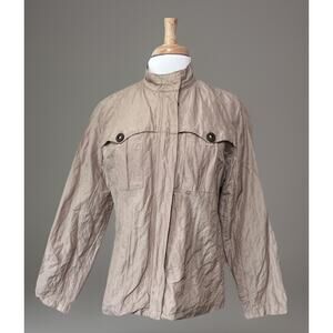 Chicos Womens 2 L Silk Blend Tan Khaki Lightweight Preppy Casual Zip Jacket